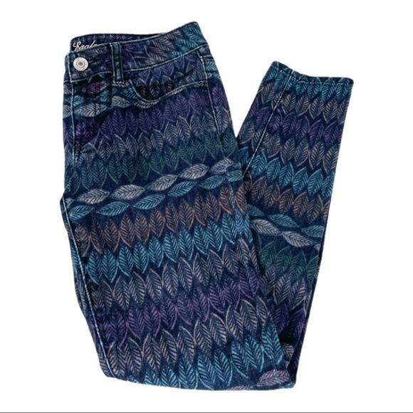 American Eagle Leaf Print Jegging Jeans Zipper Ankle Blue Multi Color Size 4 - Picture 2 of 7